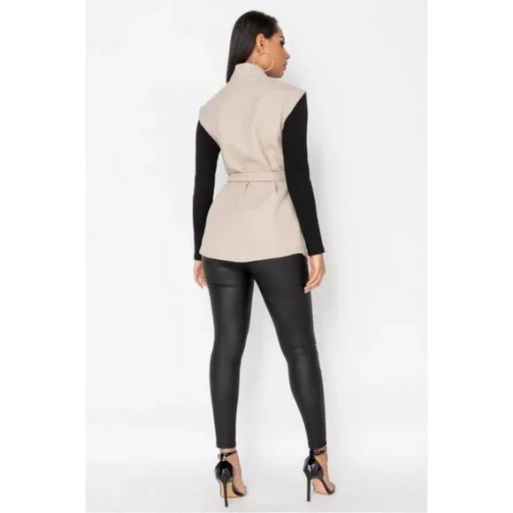Beige Wool Blend Sleeveless Belted Vest Blazer Jacket - Picture 6 of 11